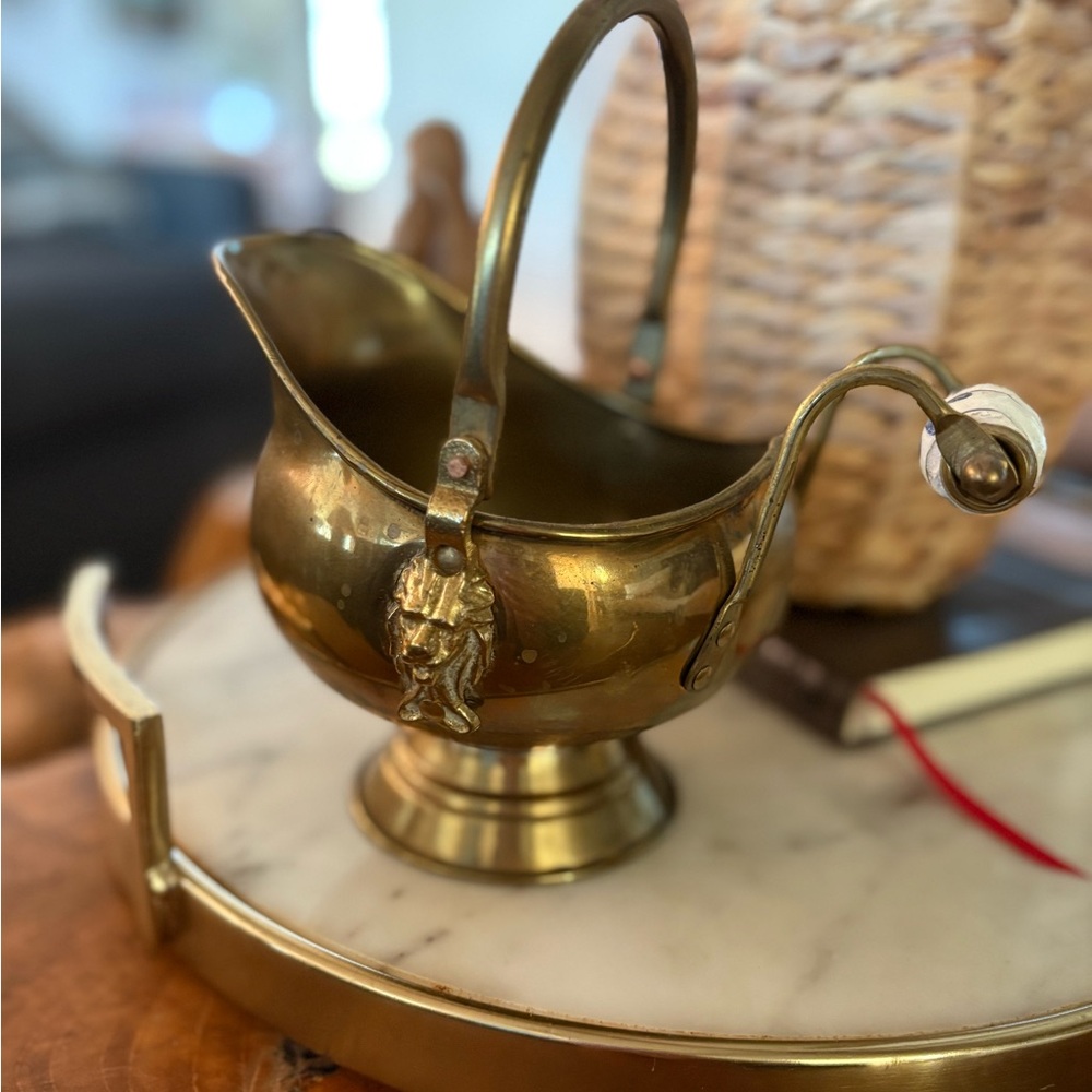 Vintage Brass Coal Scuttle with Deflt Blue Porcelain Handle
